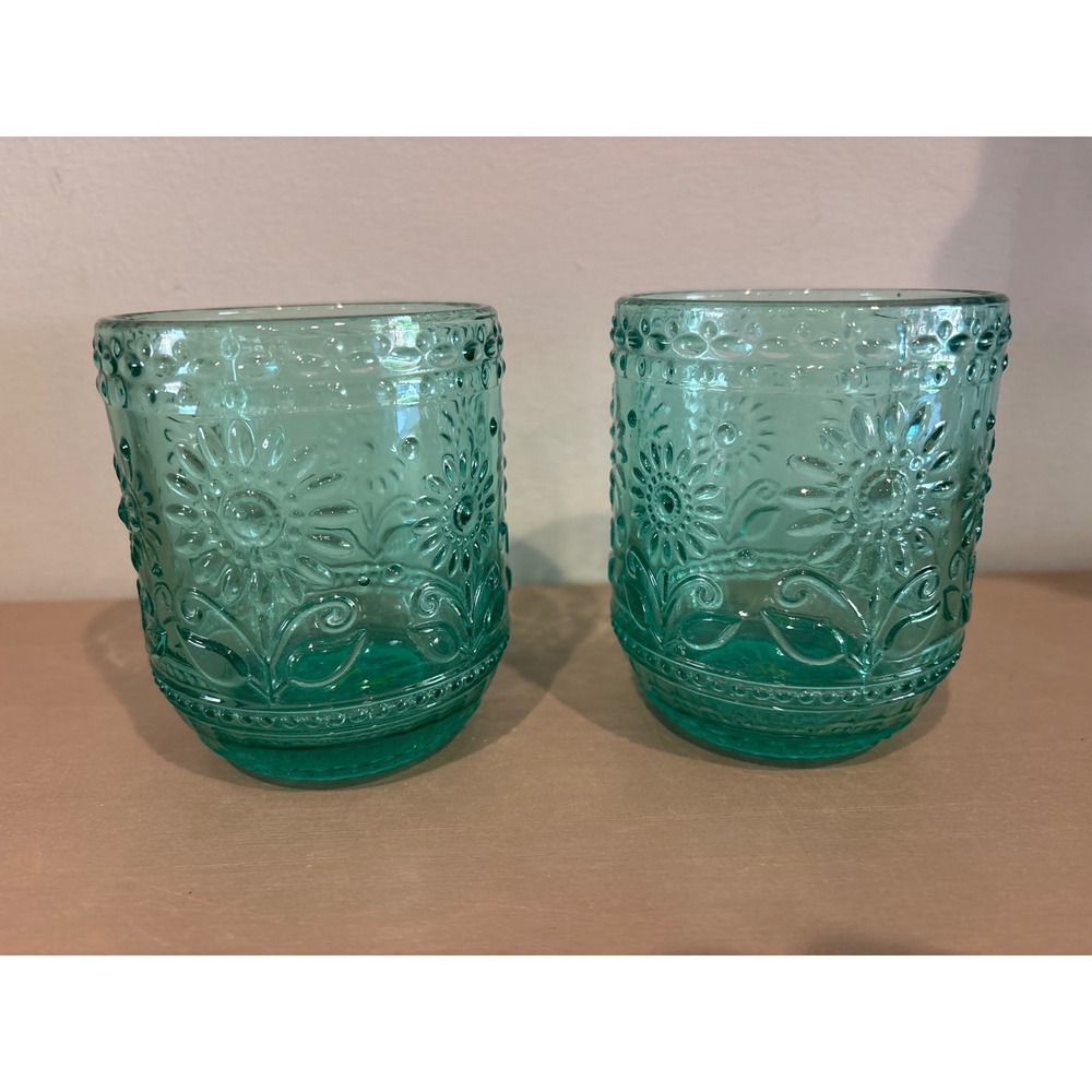 Vintage insp Embossed Floral Tumbler Drinking Glasses green blue floral 12 oz